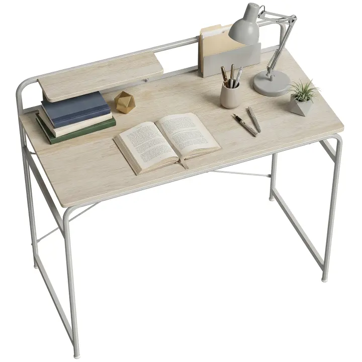 HOMCOM Escritorio, Mesa de Escritorio Moderno con Estante y Estructura de Metal, Fácil Montaje para Oficina en Casa, Dormitorio, Espacios Pequeños, 98x48x88,5 cm, Roble - 1