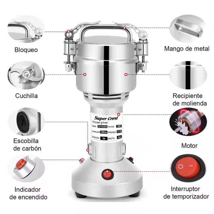 Molino de granos eléctrico SuperCrest, molinillo de cereales de 1000W, molinillo de velocidad rápida, máquina de polvo, procesador de alimentos para especias, hierbas y café, acero inoxidable - 1