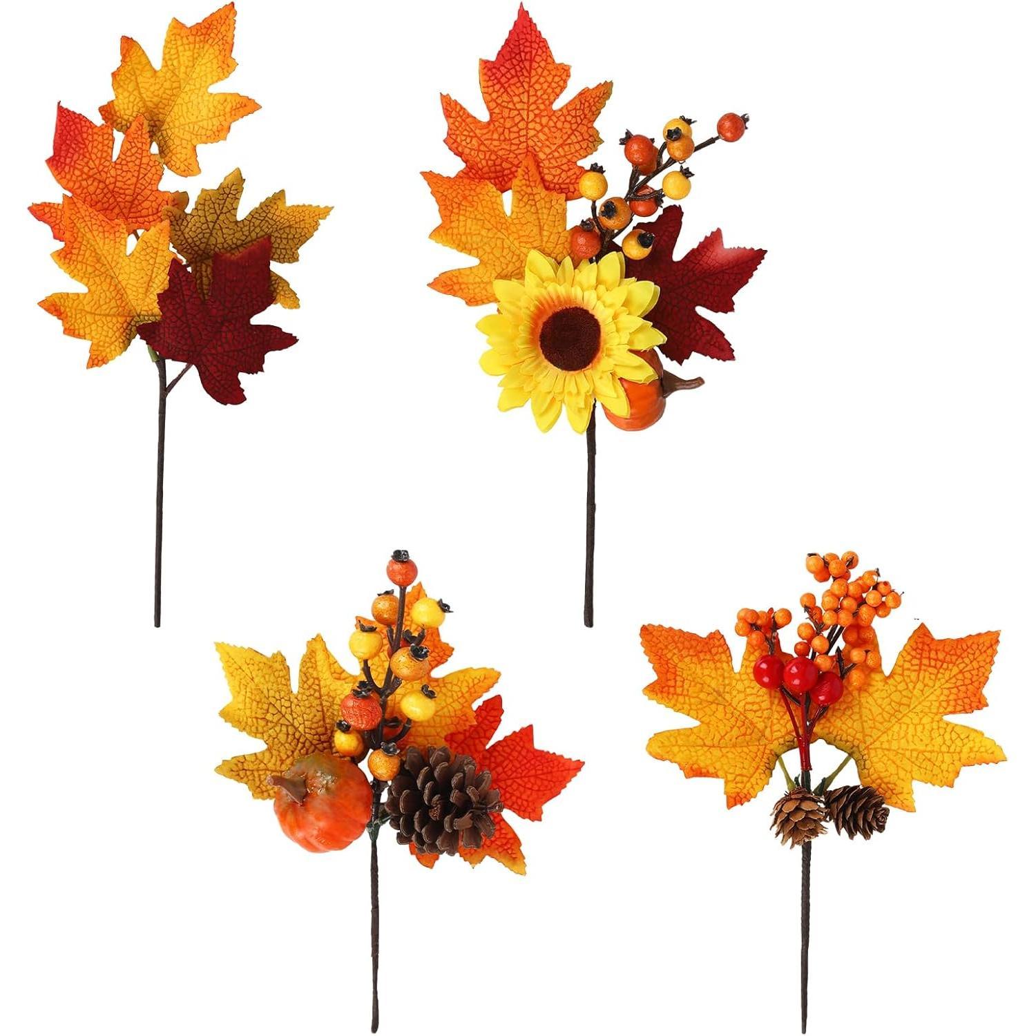 4 piezas de ramas artificiales de hojas de arce de otoño, decoración de ramo de hojas de arce de simulación, tallos de otoño falsos, calabazas, piñas, girasoles, bayas para Halloween, Acción de Gracias