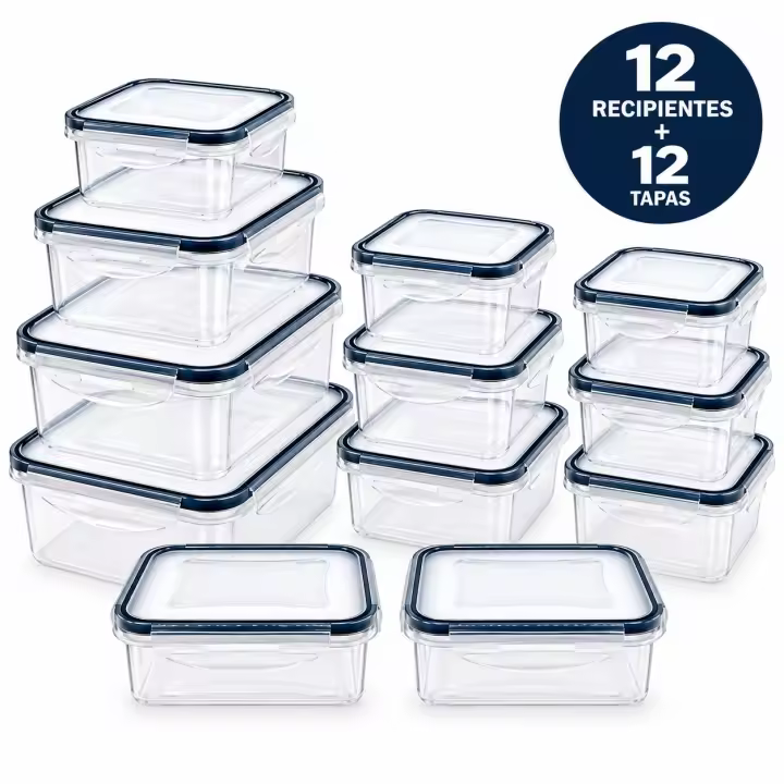 Set de recipientes herméticos para alimentos, 12 o 24 tápers transparentes de PP en varios tamaños, apilables y con cierre de 4 lados, para organizar cocina, despensa, ingredientes, raciones, comida preparada y sobras en el hogar cada día - 1