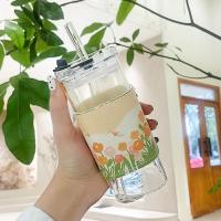 2PCS Vaso De Café Cuadrado Resistente Al Calor Con Tapa Y Pajita Para Leche Y Jugo Vidrio Transparente Para Hogar Y Barra De Bebidas Ecológicas - details 2