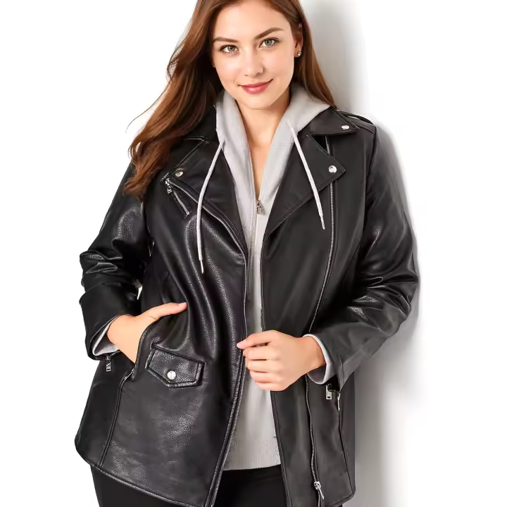 Chaqueta De Cuero PU De Talla Grande Con Cierre De Cremallera Casual Manga Larga Para Otoño Ropa De Mujer Con Cuello En V - 1