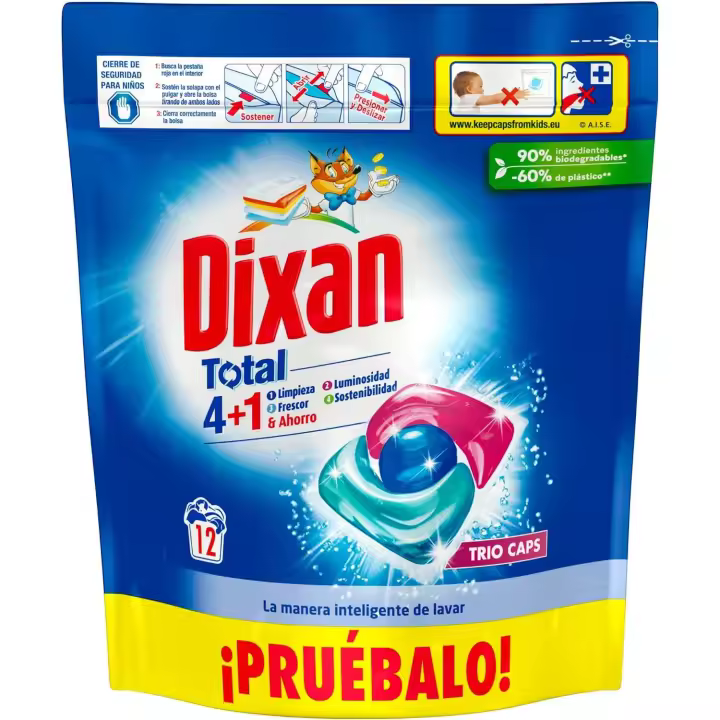 Dixan Detergente en Cápsulas Total 4+1 para Lavadora - Limpieza y Frescor - 12 Lavados - 1