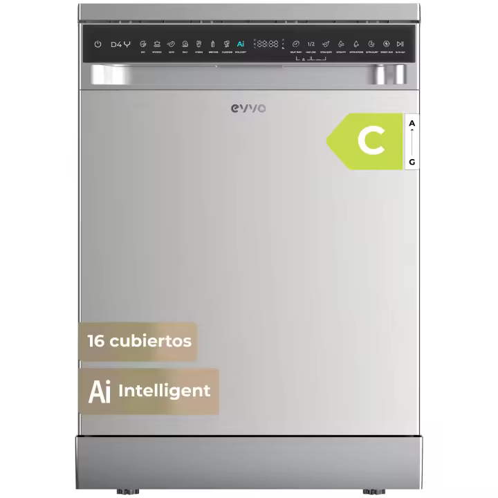 Lavavajillas EVVO D4Y, 16 Cubiertos, 8 Programas, Extra Silent, Turbo, Secado Extra, Inicio Diferido, 47 dB, Clase C, 60 cm, - 1