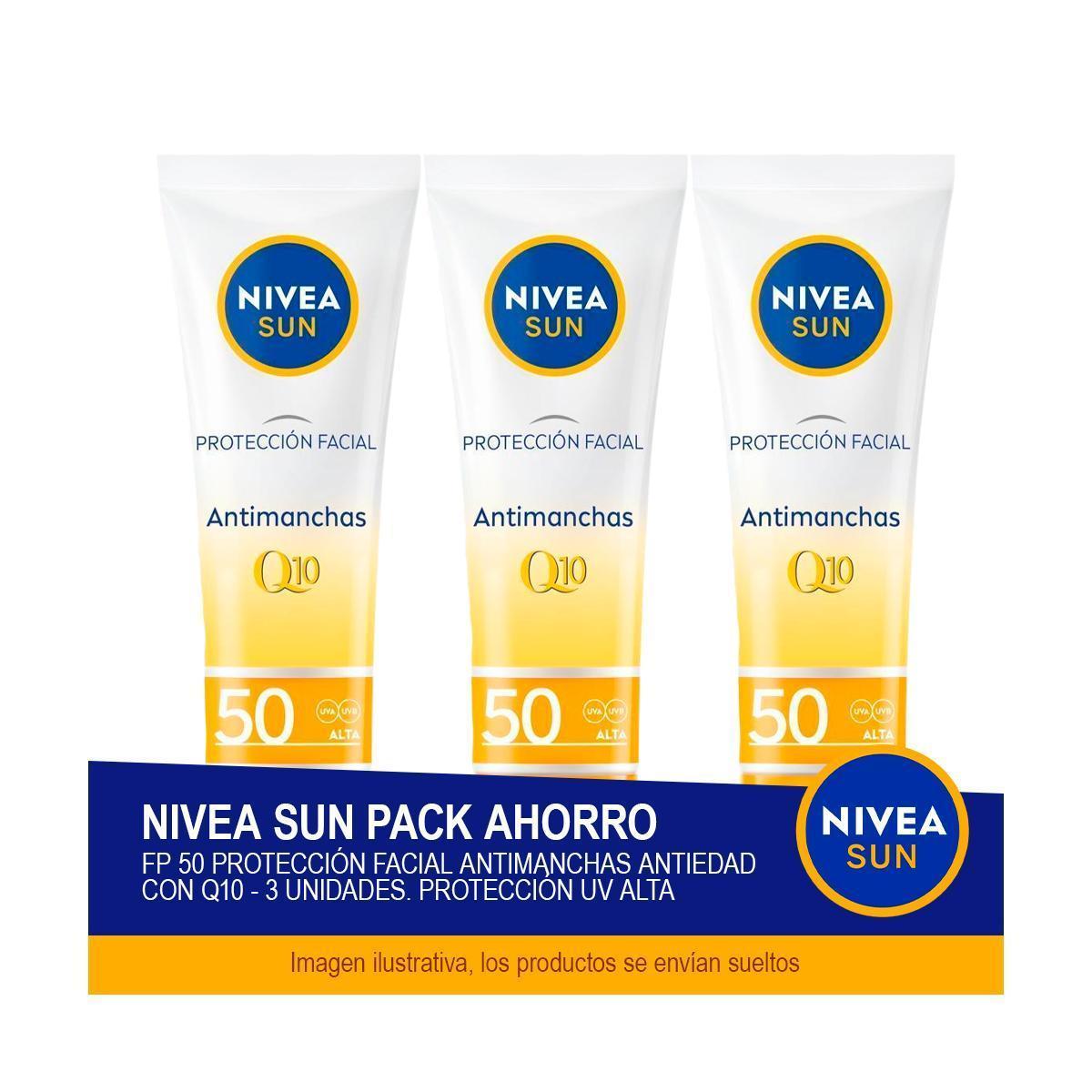 NIVEA SUN FP 50 Protección Facial Antimanchas Antiedad con Q10 - Pack ahorro de 3 unidades. Protección UV alta