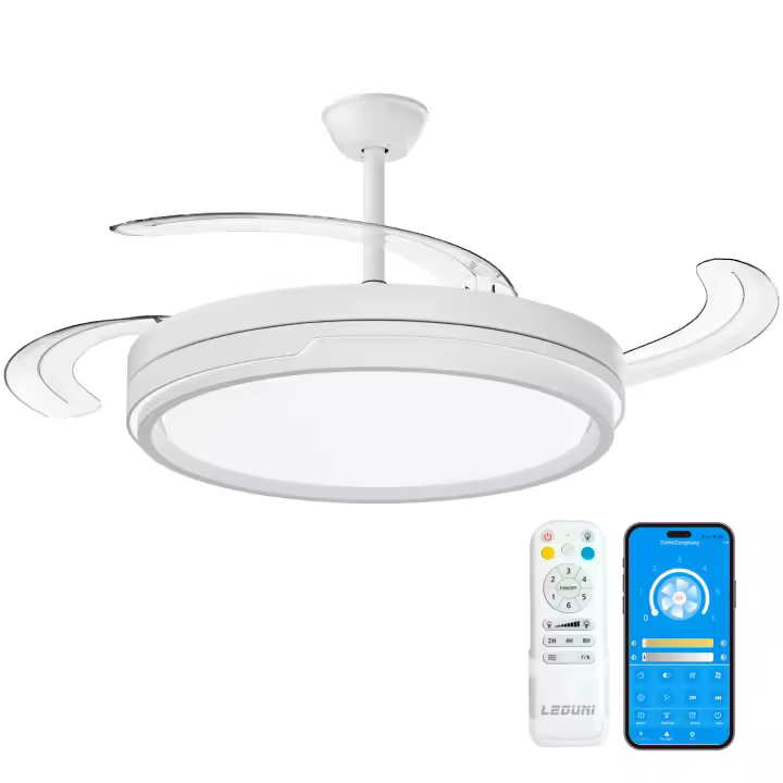 OStarkDom 96W Ventilador de Techo Retráctil con Luz LED y Control Remoto - 6 Velocidades Silencioso - 3 Colores de Luz (Cálida/Fría) - Motor de Cobre Duradero - Para Dormitorio y Sala - Fácil Instalación - 1