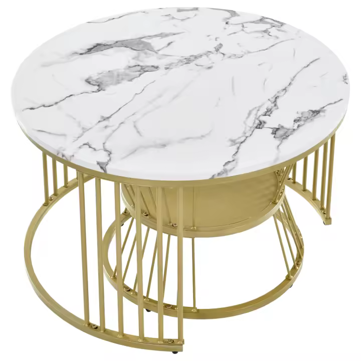 Set de 2 Mesas de Centro Nido Redondas, 80/60 cm, Tablero Blanco Efecto Mármol, Estructura Metálica Dorada, Mesas Auxiliares Modernas para Salón - 1