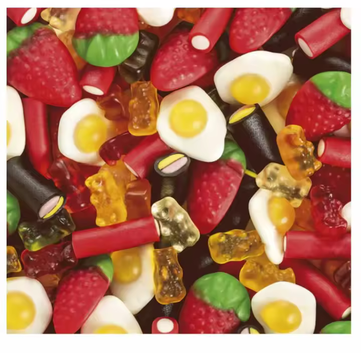 HARIBO FUNKY MIX 1KG surtido de caramelos de goma y regaliz , con distintas texturas y sabores ¡Prueba el mejor surtido de haribo funky mix con nuestros ositos de oro, huevos fritos, balla-balla fresa, fresones y balla-balla dúo SABOR ORIGINAL HARIBO - 1