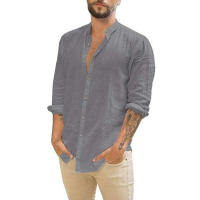 Camisa De Algodón Y Lino Para Hombre Estilo Playa Casual De Cuello Erguido Manga Larga Talla Grande Color Sólido Verano - details 3