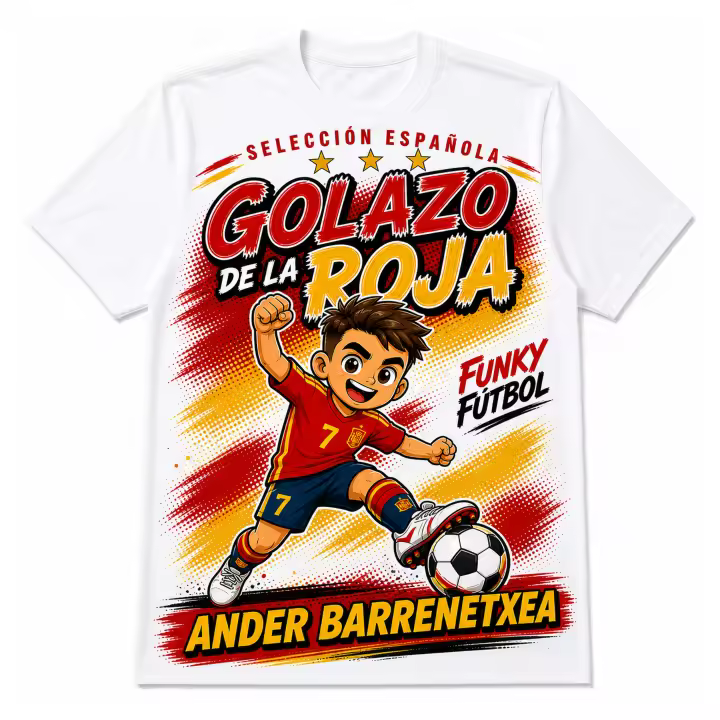 Stock Futbol Camiseta Blanca Selección Española 2026 Muñeco Funky Ander Barrenetxea, Frase Golazo de la Roja, Diseño Fútbol Rojo y Amarillo para Afición España - Talla S - 1