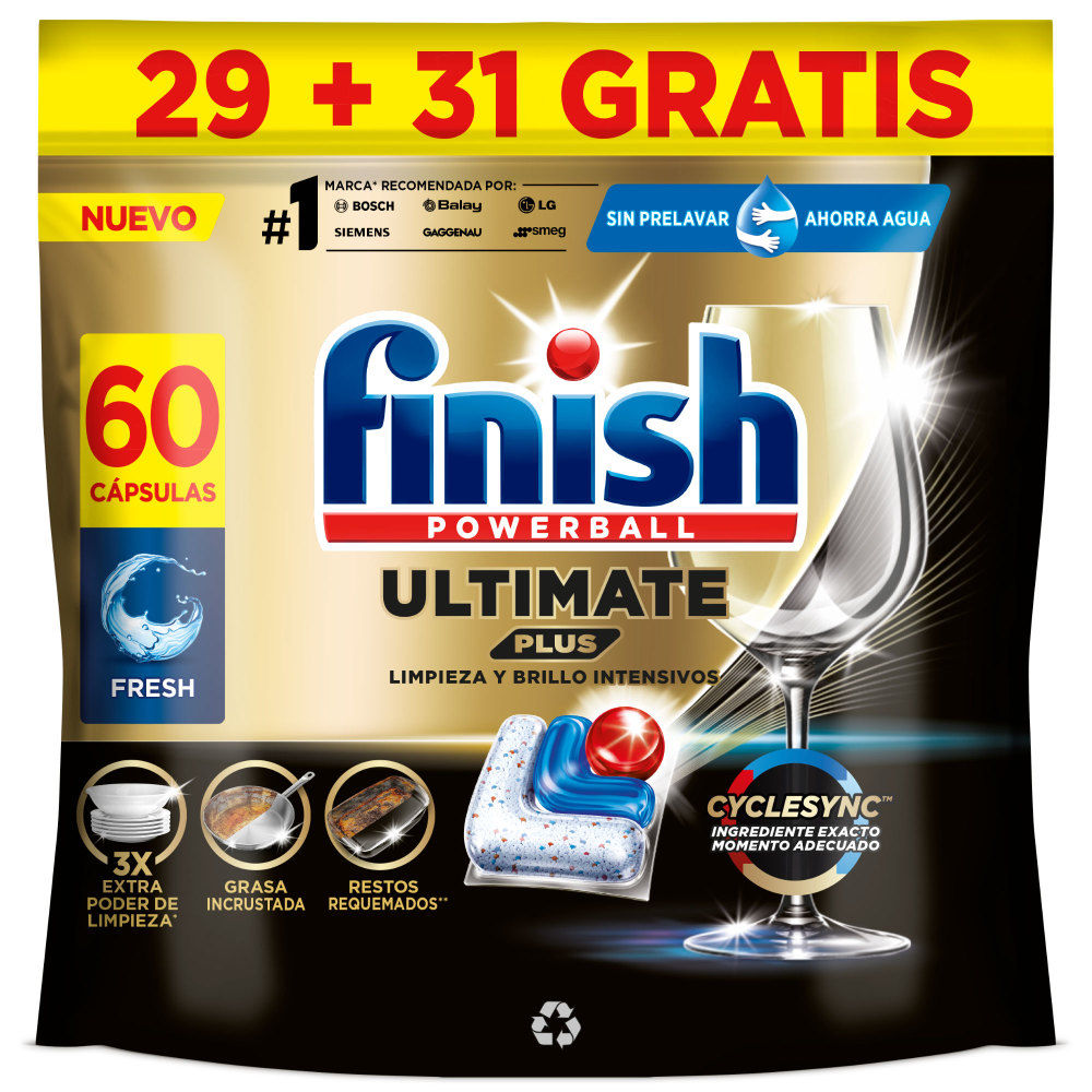 Finish Powerball ULTIMATE PLUS ALL IN 1 x60 x120 x180 x240 Pastillas para Lavavajillas, Limpieza Intensiva, Elimina Restos Quemados, Brillo Diamante, Cuida y Protege