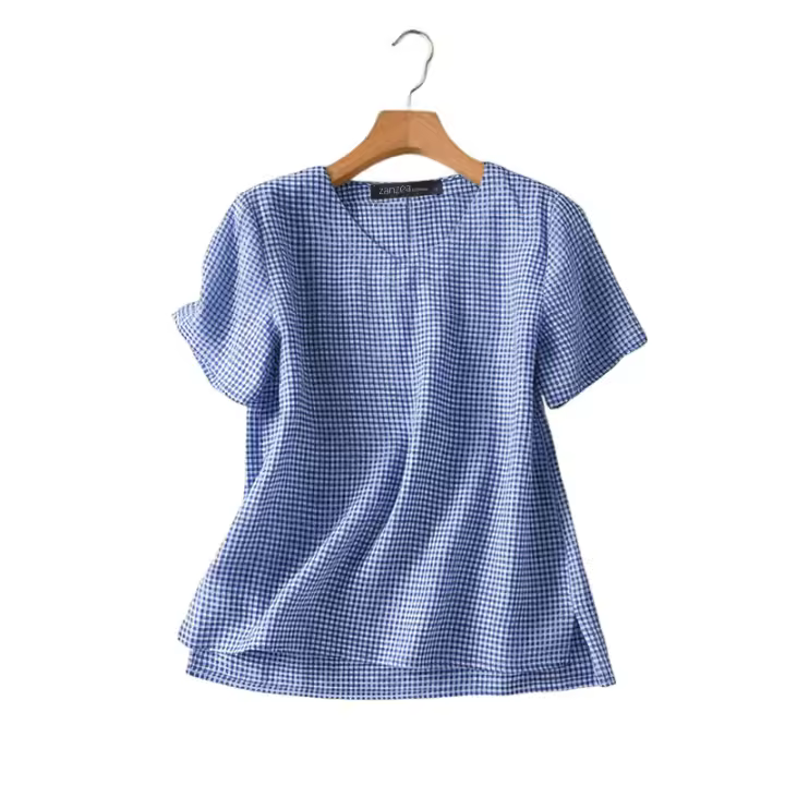 Blusa a Cuadros ZANZEA Para Mujer Verano Manga Corta Cuello V Casual Ligera Tops De Verano Blusas Para Mujer OL Trabajo - 1