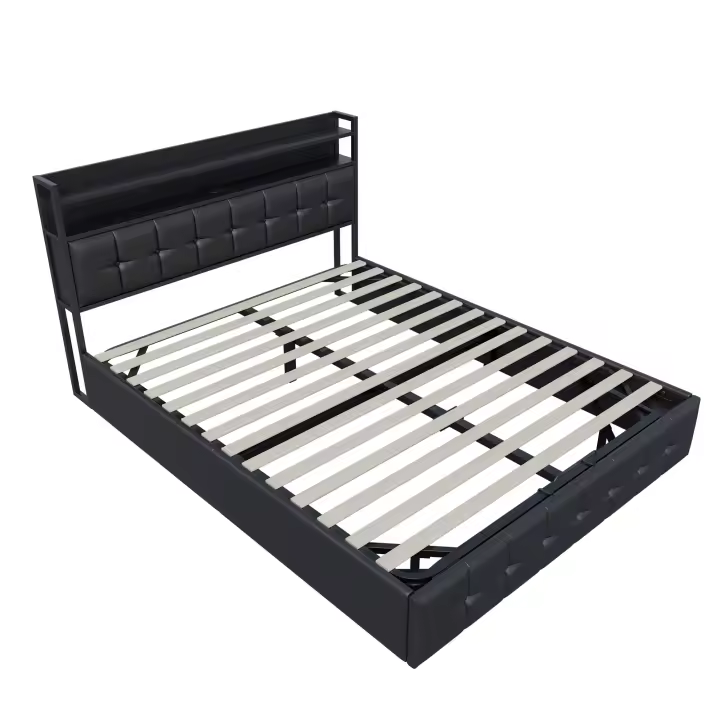 Cama de matrimonio 140x190 cm con almacenaje, cabecera LED RGB, cargador integrado y tapizado negro - 1