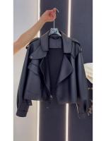 Chaqueta De Cuero Negro Retro Americana Suelta Para Mujer Estilo Locomotora Primavera Otoño Cierre De Botones Motociclista Sin Capucha - details 5
