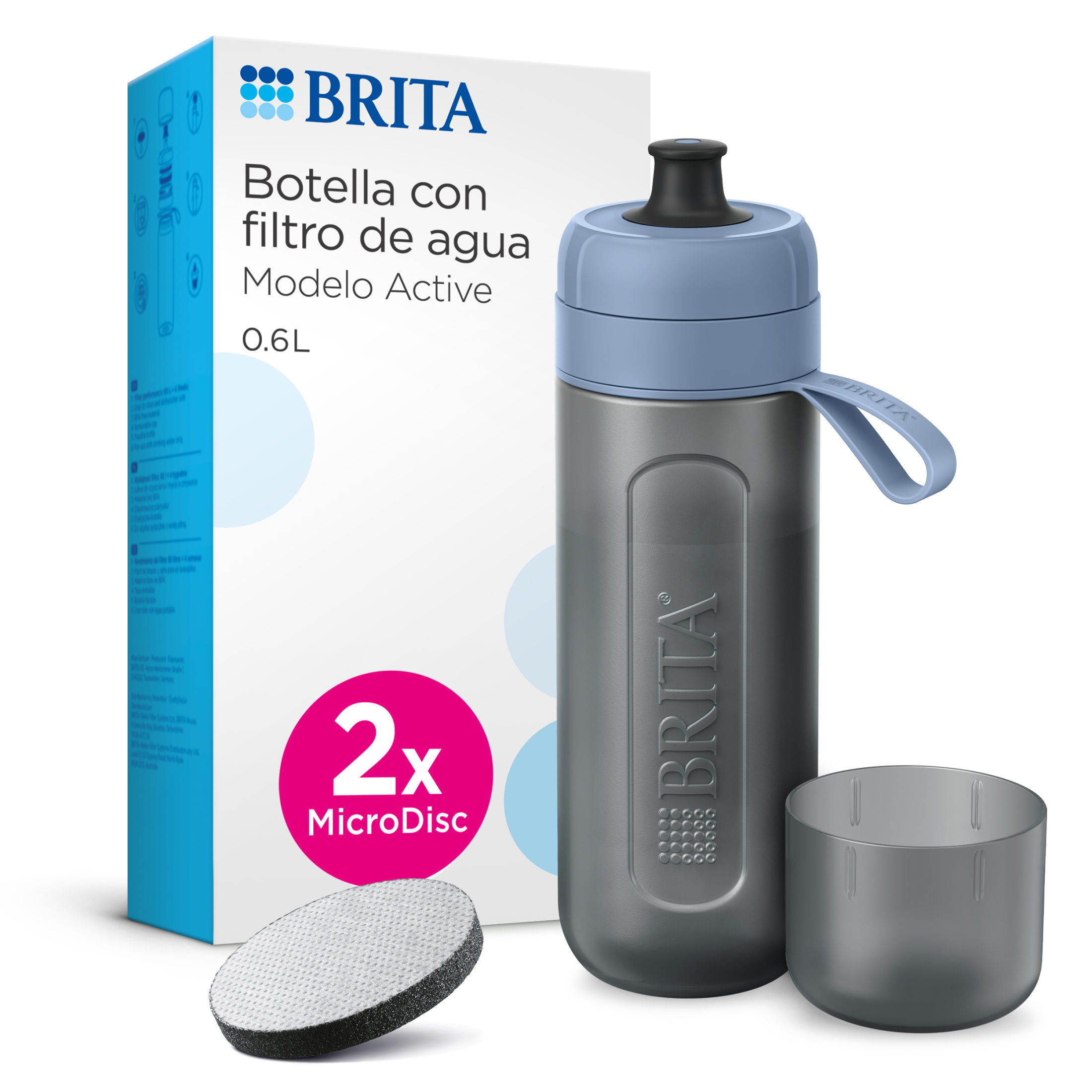 BRITA Botella Filtrante, Modelo Active 2 Filtros MicroDisc Filtrado de Agua 600 ml Reutilizable, Sin BPA, Apta Lavavajillas