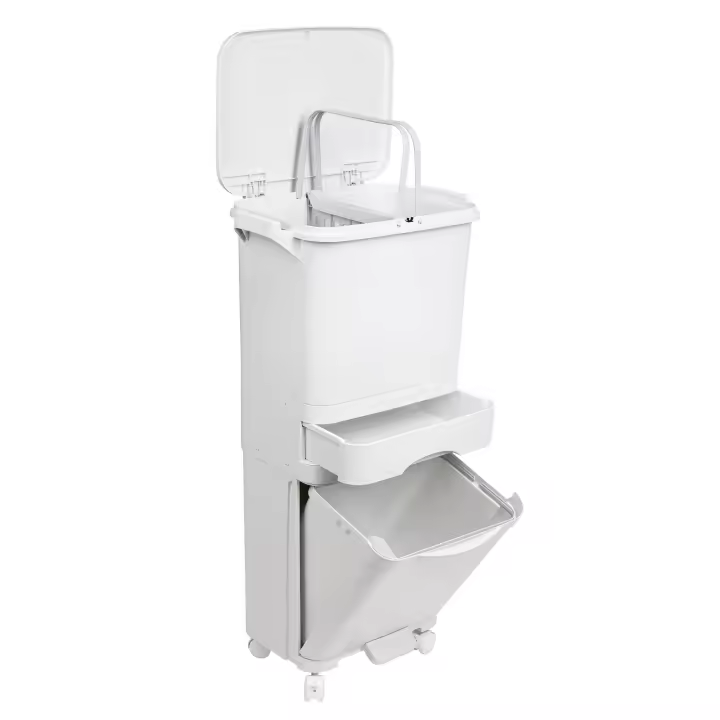Papelera de reciclaje de clasificación selectiva con pedal, ruedas y asa de doble compartimentos de 38L (24L + 14L) o 42L (24L + 4L + 14L) - 1