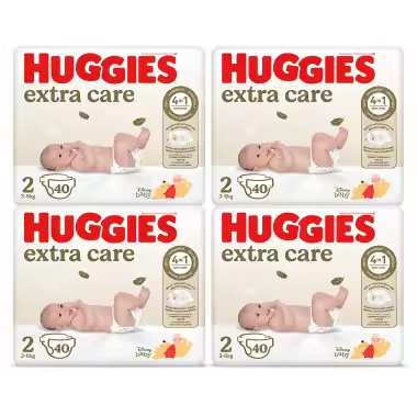 Huggies - Pañales desechables Extra Care talla 2 (3–6 kg) pack ahorro 160 unidades (4×40) para piel delicada, suaves y altamente absorbentes - 1