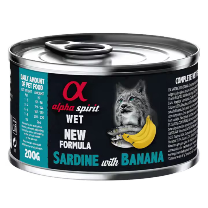 Alpha Spirit Alimento Húmedo para Gatos sabor Sardina con Plátano – Lata 200 g | 100% Natural y Sin Cereales - 1