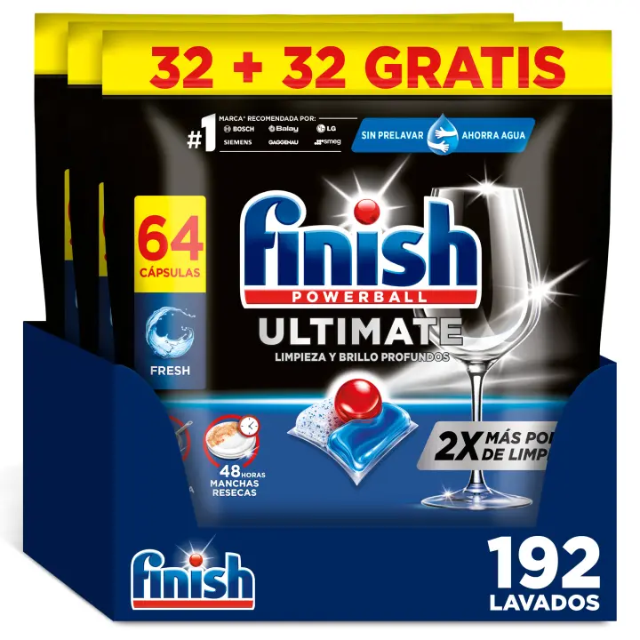 Finish Powerball Ultimate 192 Pastillas para Lavavajillas (Formato 3x64), Aroma Regular, Limpieza y Brillo Profundos - 1