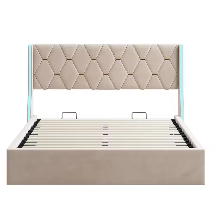 Cama con arcón 140x200/160x200 cm con almacenamiento y LED, somier de láminas, tapizada en terciopelo beige - 1