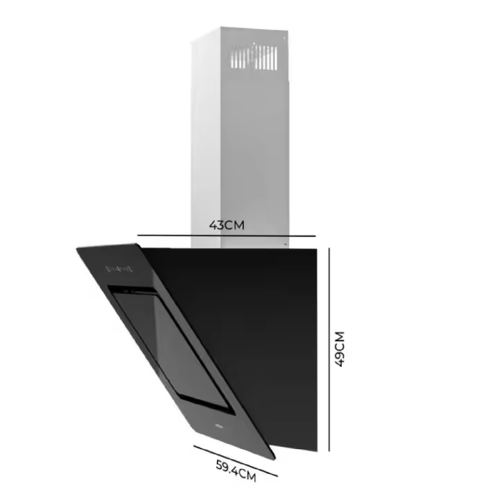 Campana decorativa Bolero Flux DT 608002 vidrio negro A++ de 60cm de ancho, acabado frontal en vidrio negro, chimenea de acero inoxidable, succión 800m3/h, motor 220w, clase A++, control táctil, 3 niveles de potencia. - 1