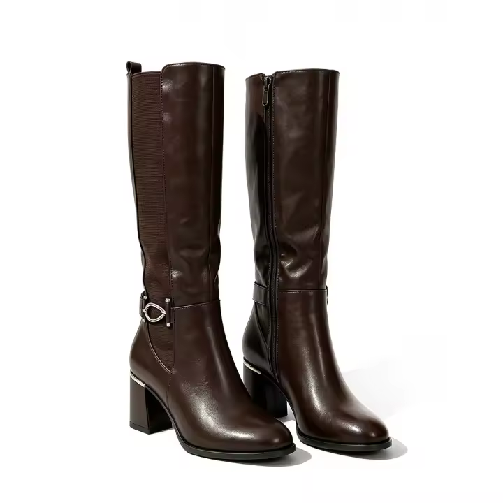 Botas largas elegantes para mujer con tacón grueso y bajo con cremallera lateral y hebilla metálica ideales para trabajar salir y vacaciones - 1