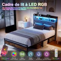 Cama 90x200 cm con estructura metálica, cabecero con estante, LED RGB, USB, USB-C y acabado madera oscuro - details 1