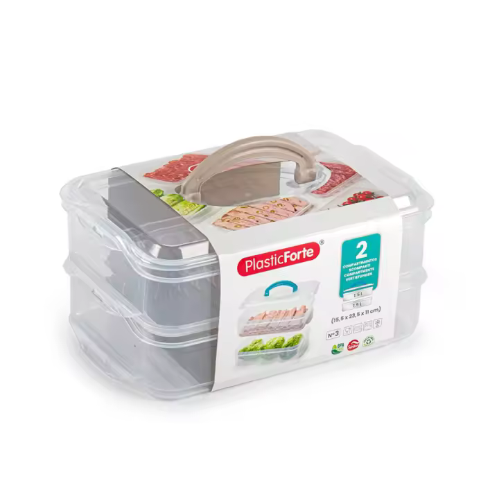 PLASTIC FORTE Tupper Doble con Asa 2 Compartimentos, Set de Recipientes Herméticos Apilables 1,5L + 1,5L, Fiambrera Transparente para Comida, Alimentos, Nevera, Cocina, Oficina y Picnic - 1