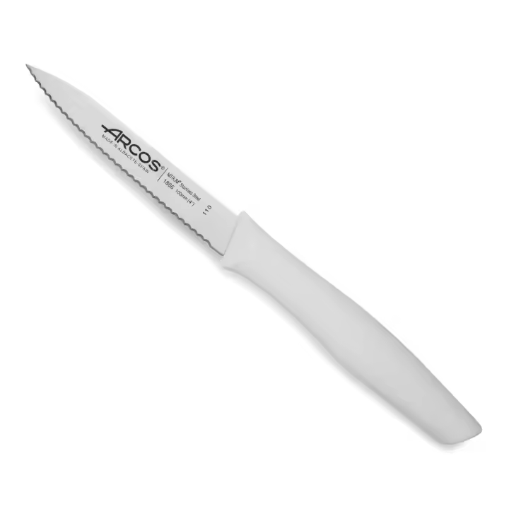 Arcos Cuchillo Mondador Serrado 100 mm - Hoja de Acero Inoxidable NITRUM para Mayor Durabilidad y Corte Preciso - Mango de Polipropileno Blanco - Serie Nova - 1