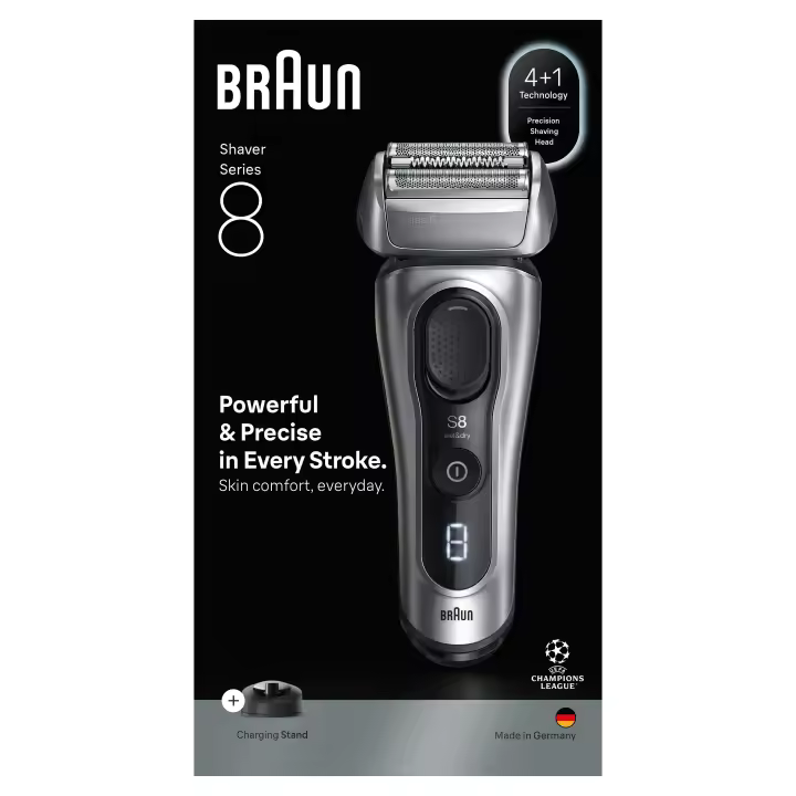 Braun Afeitadora Eléctrica Hombre Series 8, Máquina de Afeitar Barba en Seco y en Mojado con Cabezal de Precisión y Recortadora, 60 Min de Uso, Base de Carga y Estuche de Viaje, color Plata - 1