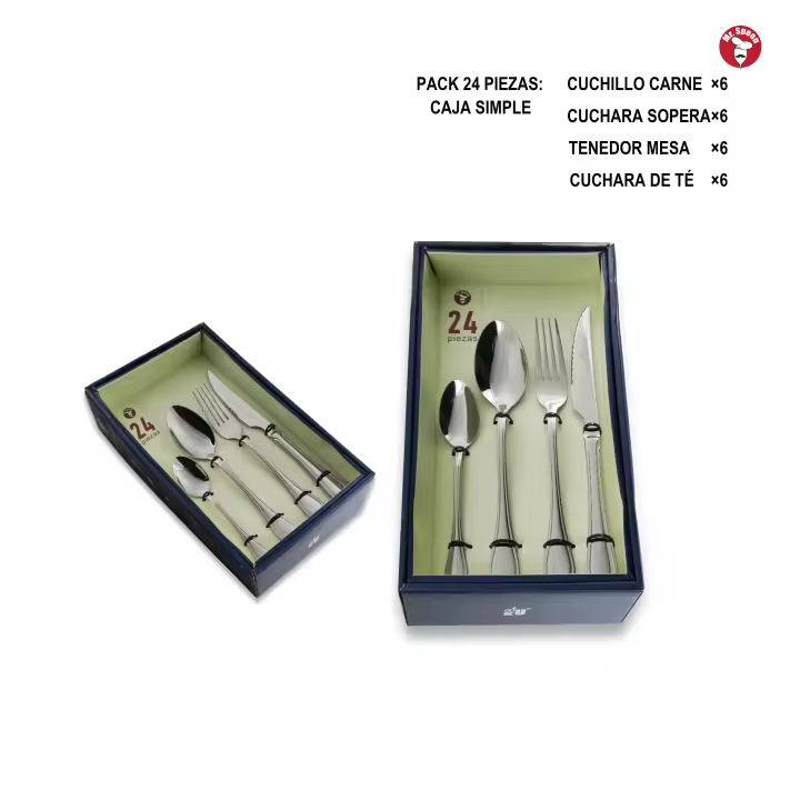 Mr.Spoon Serie Raya Juego de 24 o 48 piezas cubiertos,Acero Inoxidable 18/0,Económico y funcional,Incluye cuchillo de carne o mesa,tenedor,cuchara,cucharilla,Mango monobloque,Apto para lavavajillas,Empaque ecológico,Ideal para casa,hotel,restaurante - 1