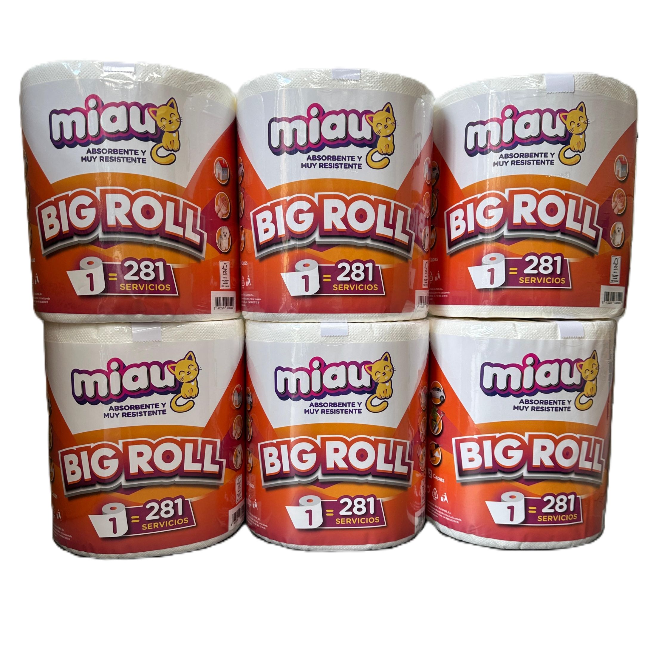 Miau Big Roll Papel Multiusos 2 Capas | Pack 6 Uds – Rollo Absorbente y Resistente para Hogar y Taller