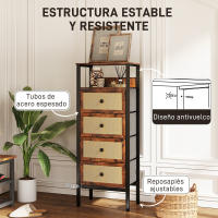 HOMCOM Cajonera de Tela Cómoda para Dormitorio con 5 Cajones con Frentes de Ratán y Marco de Acero Mueble Organizador para Sala de Estar 58x29x99 cm Marrón Rústico - details 2