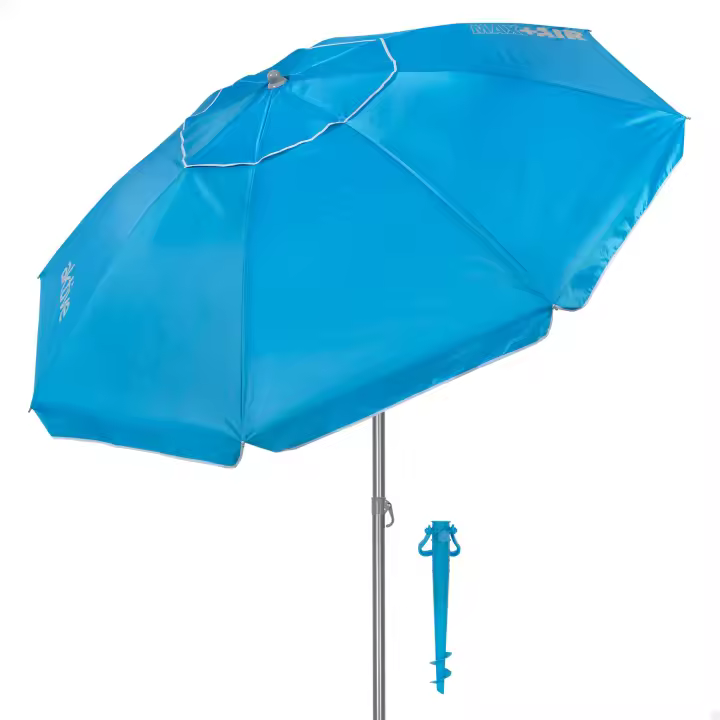 Aktive - Sombrilla de playa, color azul, protección UV50, incluye soporte, 8 varillas fibra de vidrio, ventilación superior, estructura acero plegable, tejido Oxford, revestimiento plateado, con base para sombrilla, mástil inclinable - 1