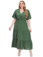 Vestido Bohemio Casual De Polka Dot Para Mujer plus Talla Con Vuelta Corta Y Cuello En V Traje De Verano De Polyester - details 1