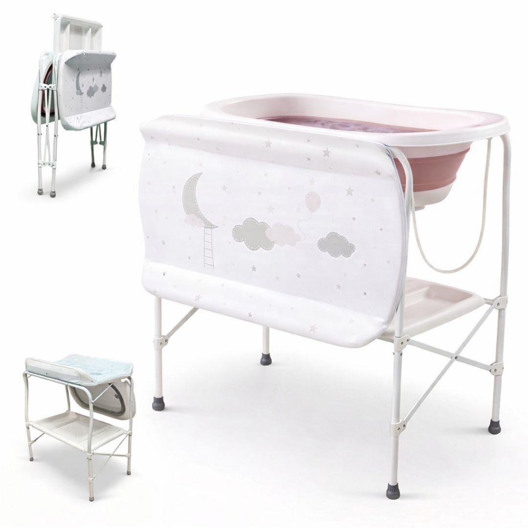 BATHBY Bañera bebé con patas Multifuncional 5 en 1 · Plegable con Soporte · Cambiador · Bandejas Organizadoras · Desagüe con Tubo y Soporte para Ducha · Cojín de baño antideslizante (Varios Modelos)