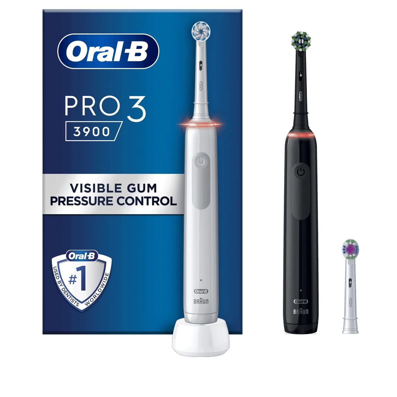 Oral-B Pro 3 3900 Dual Cepillo Eléctrico Pack de 2 (Negro y Blanco) con 3 Modos, Control de Presión 360°, 2 Cabezales y Base de Carga, Producto Europeo con Garantía