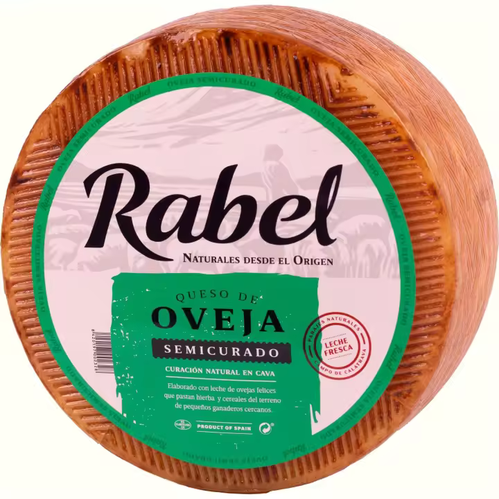 Queso puro de oveja semicurado rueda entera aprox. 3 kg, Rabel, curación natural en cava, Campo de Calatrava, pasta cremosa con aroma láctico y frutos secos - 1