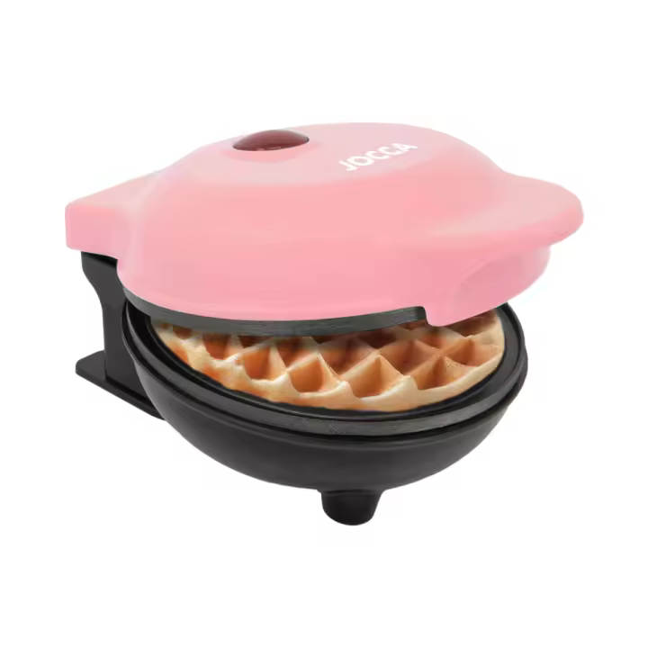 Gofrera rosa redonda Jocca con placas antiadherentes, diseño compacto en 12cm, compartimento para cable, carcasa de tacto frío, 500W de potencia. Gofres perfectos en 2-3 Minutos - Ideal para desayunos y postres. - 1