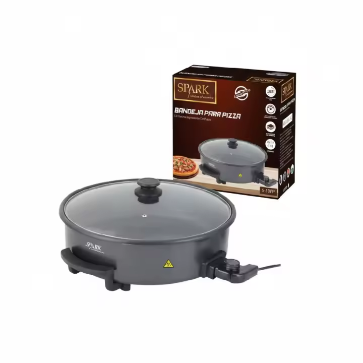 Spark Sartén Eléctrica para Pizza Pan, 36x9 Cms, Cobertura Anti-Adherente, Termostato, Tapa de Cristal, Potencia 1500W - 1