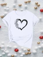 Camiseta Elegante Para Mujer Con Estampado Floral Y Corazón Estilo Harajuku Casual Manga Corta O-Neck Polyester Talla True - details 1