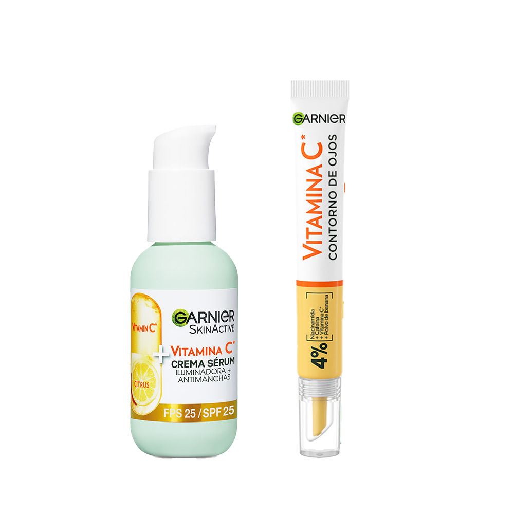 Garnier | Pack Vitamina C con Crema Sérum con SPF 25. Alta Concentración de sérum con Vitamina C y Protección Solar para Proteger la Piel de las Manchas del Sol 50ml + Contorno de Ojos con Vitamina C + Niacinamida + Cafeína + Polvo de Banana 15ml