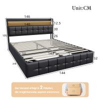 Cama de matrimonio 140x190 cm con almacenaje, cabecera LED RGB, cargador integrado y tapizado negro - details 2