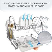 Escurridor de platos de 2 niveles ,Escurreplatos Fregadero para cocina ,Porta platos encimera con bandeja de goteo, - details 1