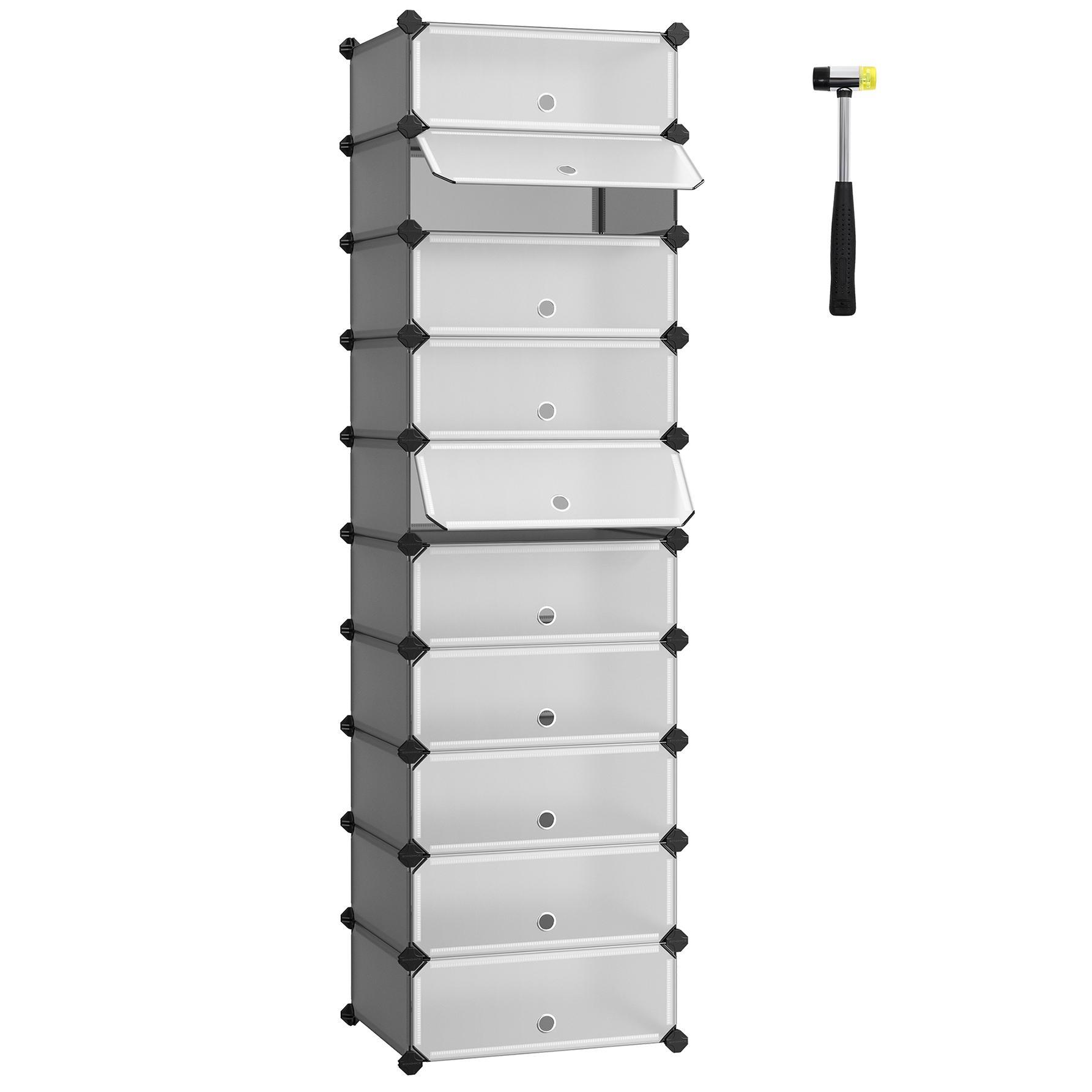 SONGMICS Muebles para Zapatos con 10 Compartimentos, Estante Modular de plástico, Caja de Almacenamiento para Zapatos, con Puerta y mazo, Gris/Negro/Marrón Rústico