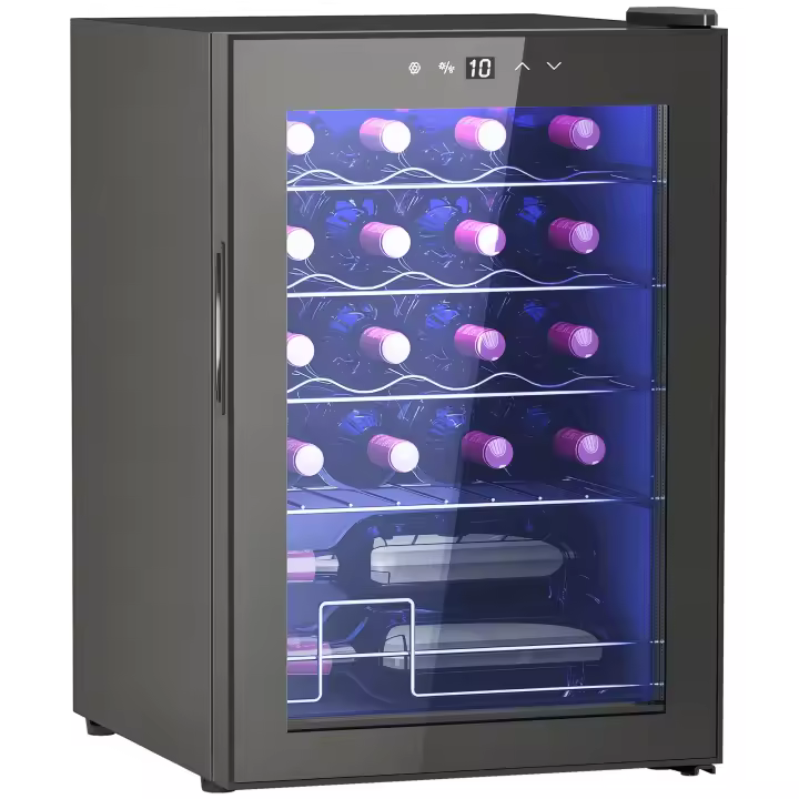 HOMCOM Vinoteca 20 Botellas, Nevera para Vinos con Compresor, Puerta de Doble Cristal Anti-UV, Temperatura 5-18°C, Pantalla Táctil, 4 Estantes Regulables, Luz LED Interior, Silenciosa 39DB, Negro - 1