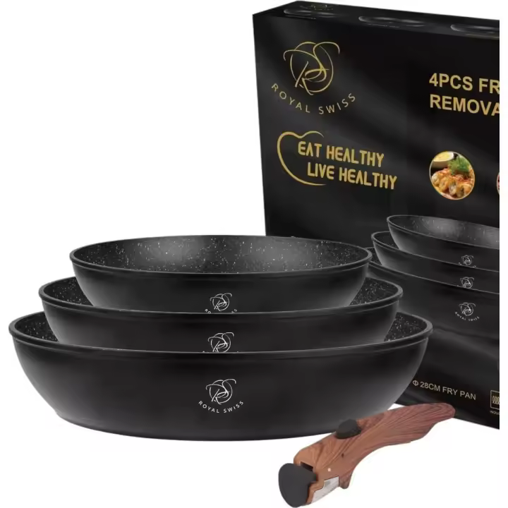Royal Swiss Set de Cacerolas 4 Piezas con Mango Extraíble | Revestimiento Mármol Antiadherente Non-PFAS | Apto Inducción y Todas las Cocinas | Color Negro - 1
