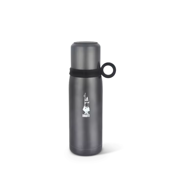 Bialetti Botella Térmica Portátil de 460 ml con Aislamiento Térmico de Doble Pared, Tapa Hermética con Mango de Silicona, Ideal para Café y Bebidas Frías, Color Gris - 1