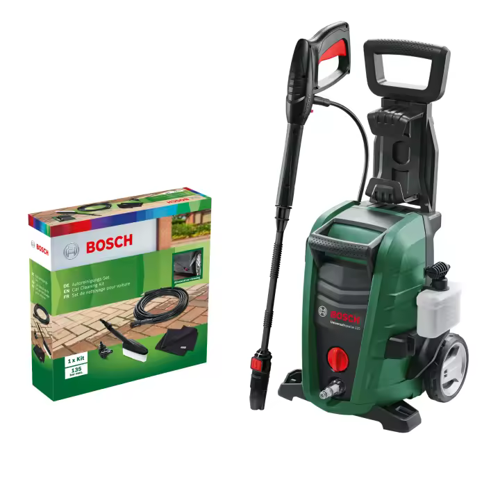 Bosch - Pack Hidrolimpiadora + Kit de Limpieza de coches - UniversalAquatak 125 - 1500W, 125 bar, 360 l/h, con Boquilla 3 en 1 y Lanza - 1