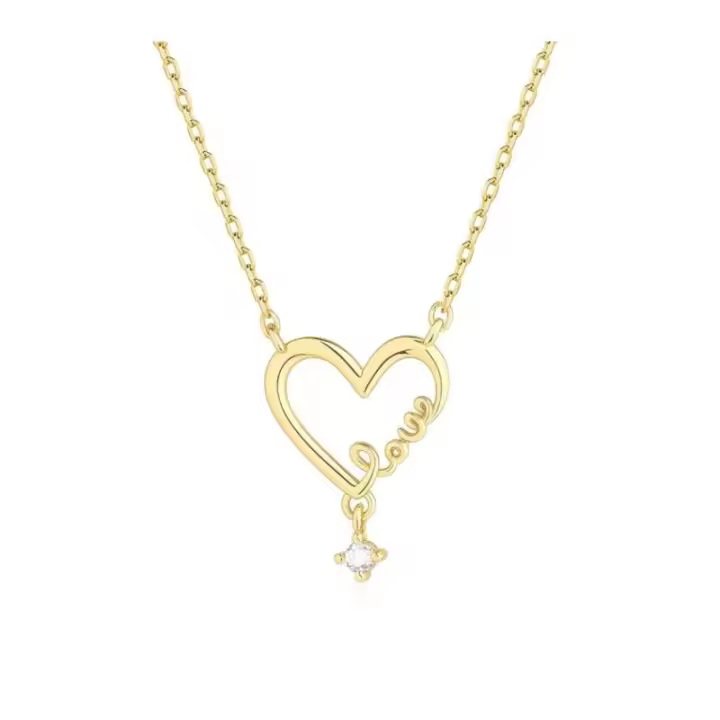 Collar de Plata Dorada con Diseño de Corazón Love, Colgante con Cristal, 12x16 mm, Cadena Ajustable 40-45 cm - 1